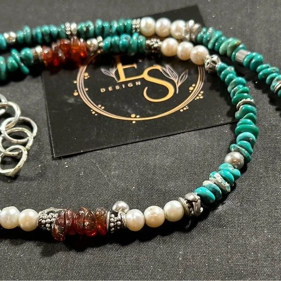Turquoise and. freshwater pearl Baltic, Amber and Sterling silver bracelet
